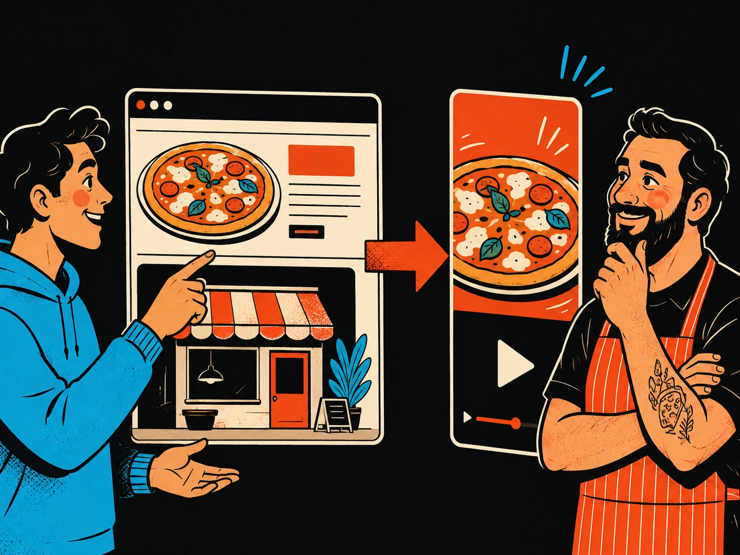 A freelancer showing a restaurant owner a video made from the restaurant website