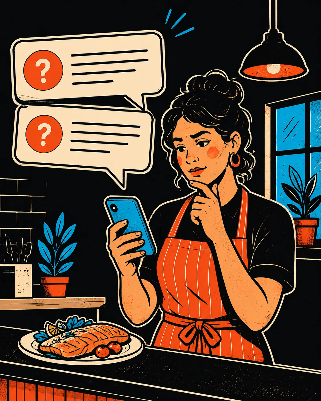 A restaurant owner reading a sales message on her phone