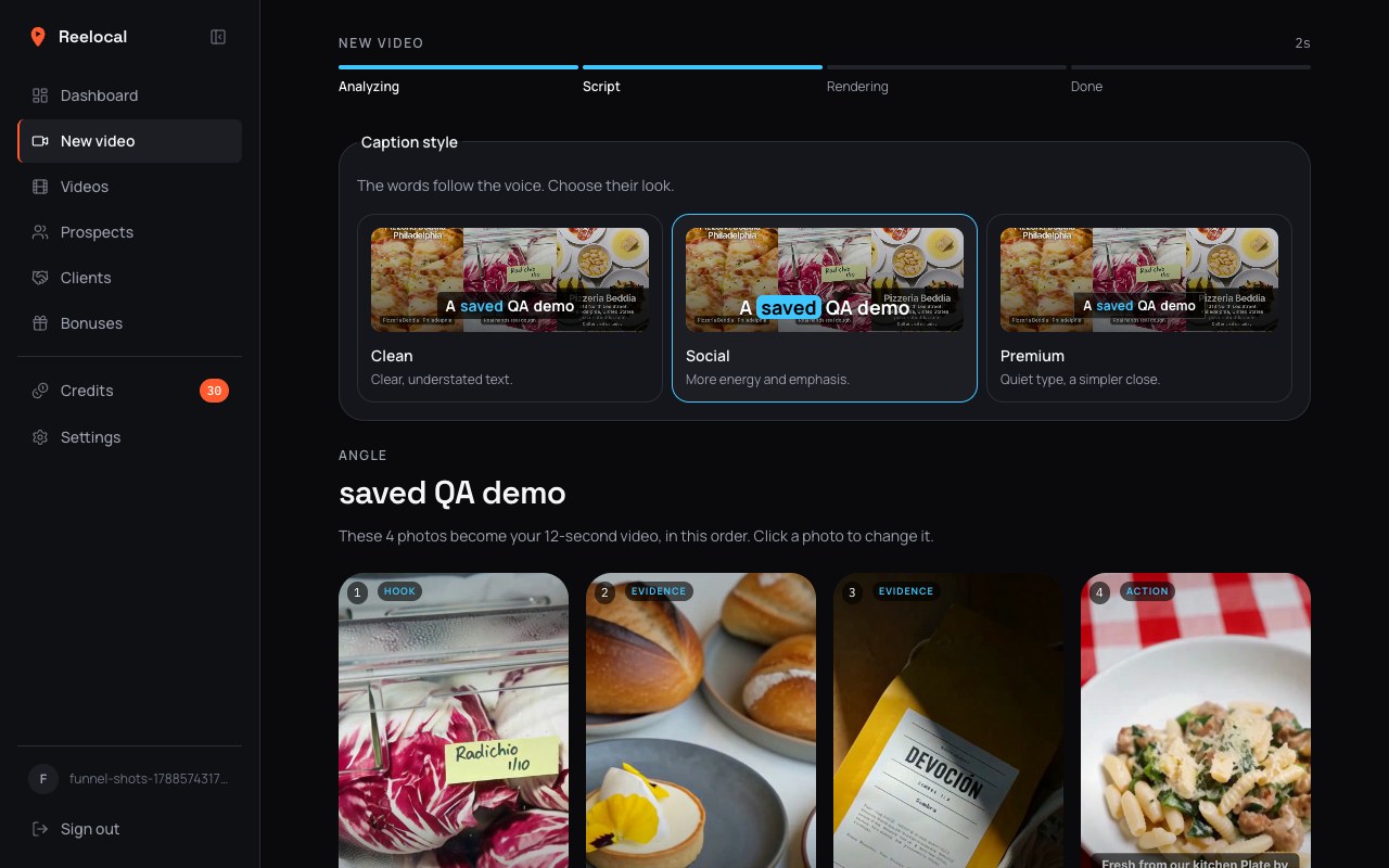 Reelocal's storyboard, where you can review four selected photos and edit the script before rendering